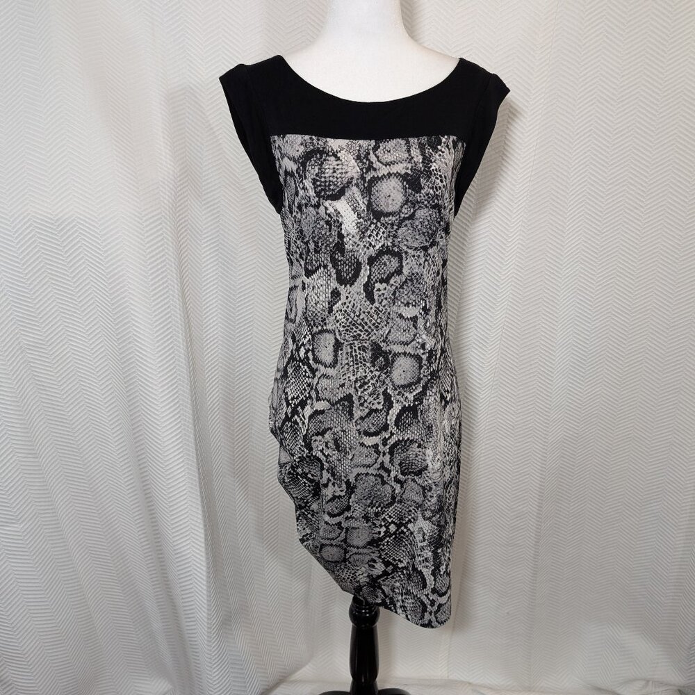 BCBGMaxAzria Snakeprint Delia Dress Ruched Side Black & Gray Stretchy Medium